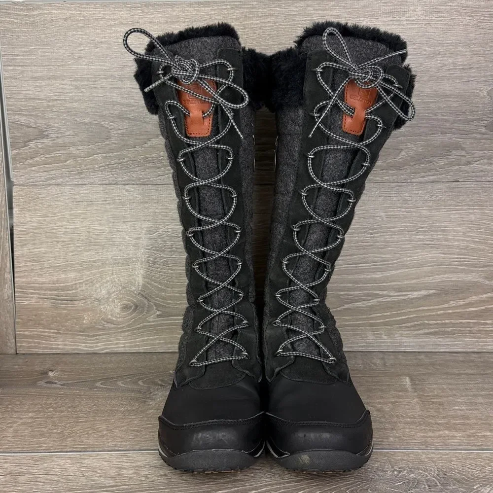 Salomon Hime Women's Sz 10 Warm Waterproof Tall Quilted Dark Gray Black Boots